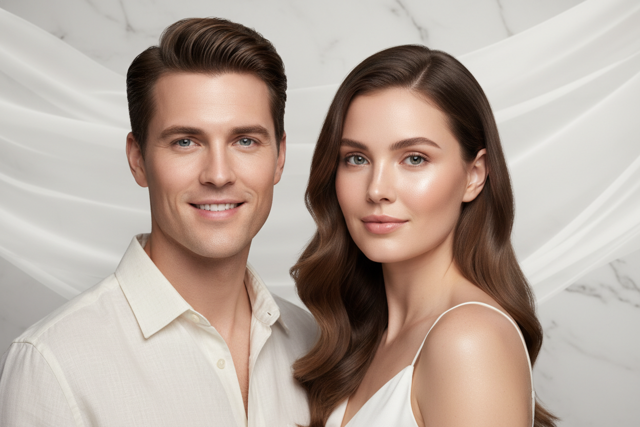 glowing face of a man and woman next to each other